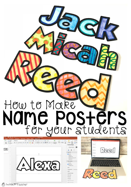 You can create a class set of these adorable name posters in PowerPoint in five minutes! The blog post provides step by step directions and tips for creating your own class set.