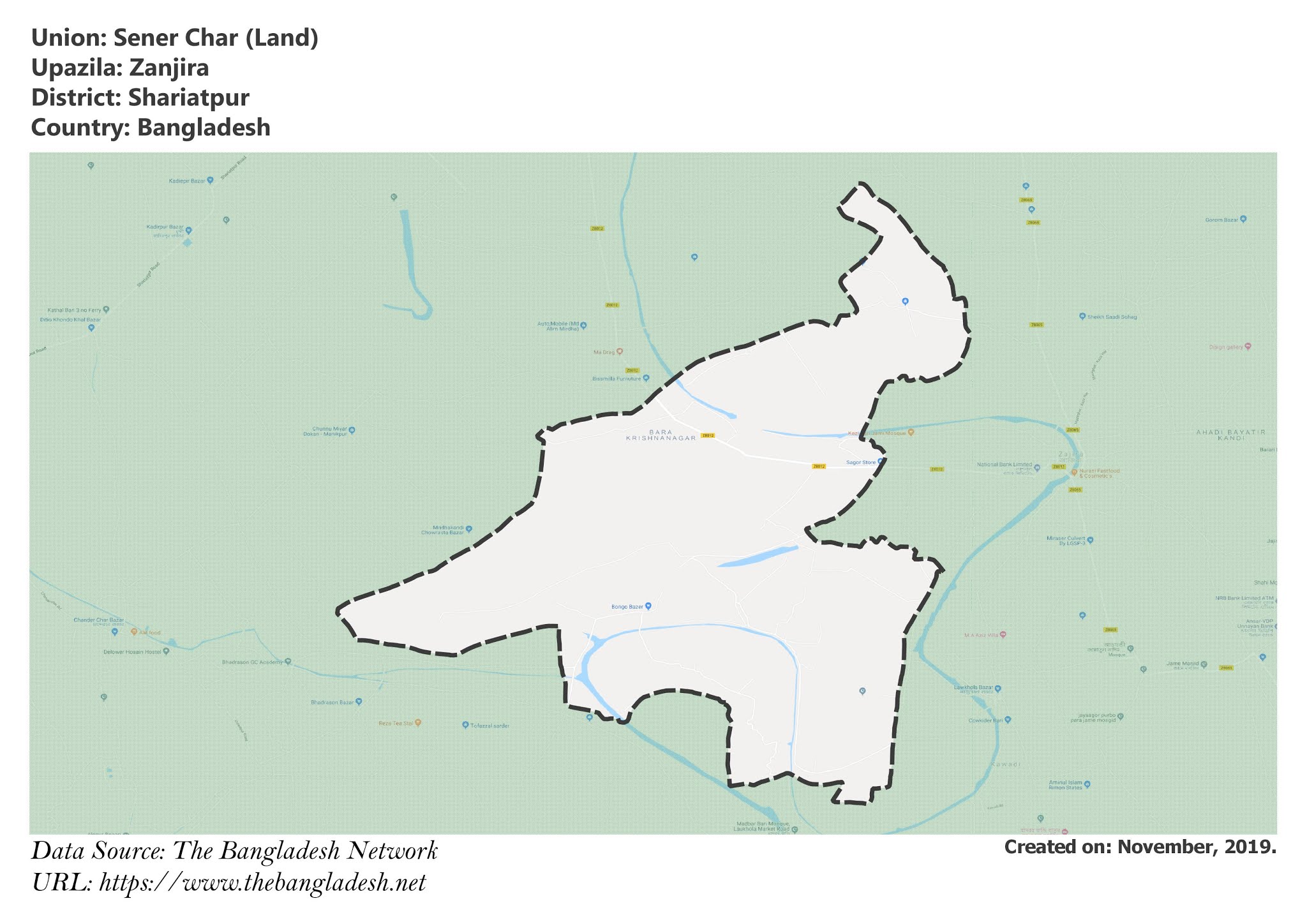 Map of Sener Char of Shariatpur, Bangladesh.