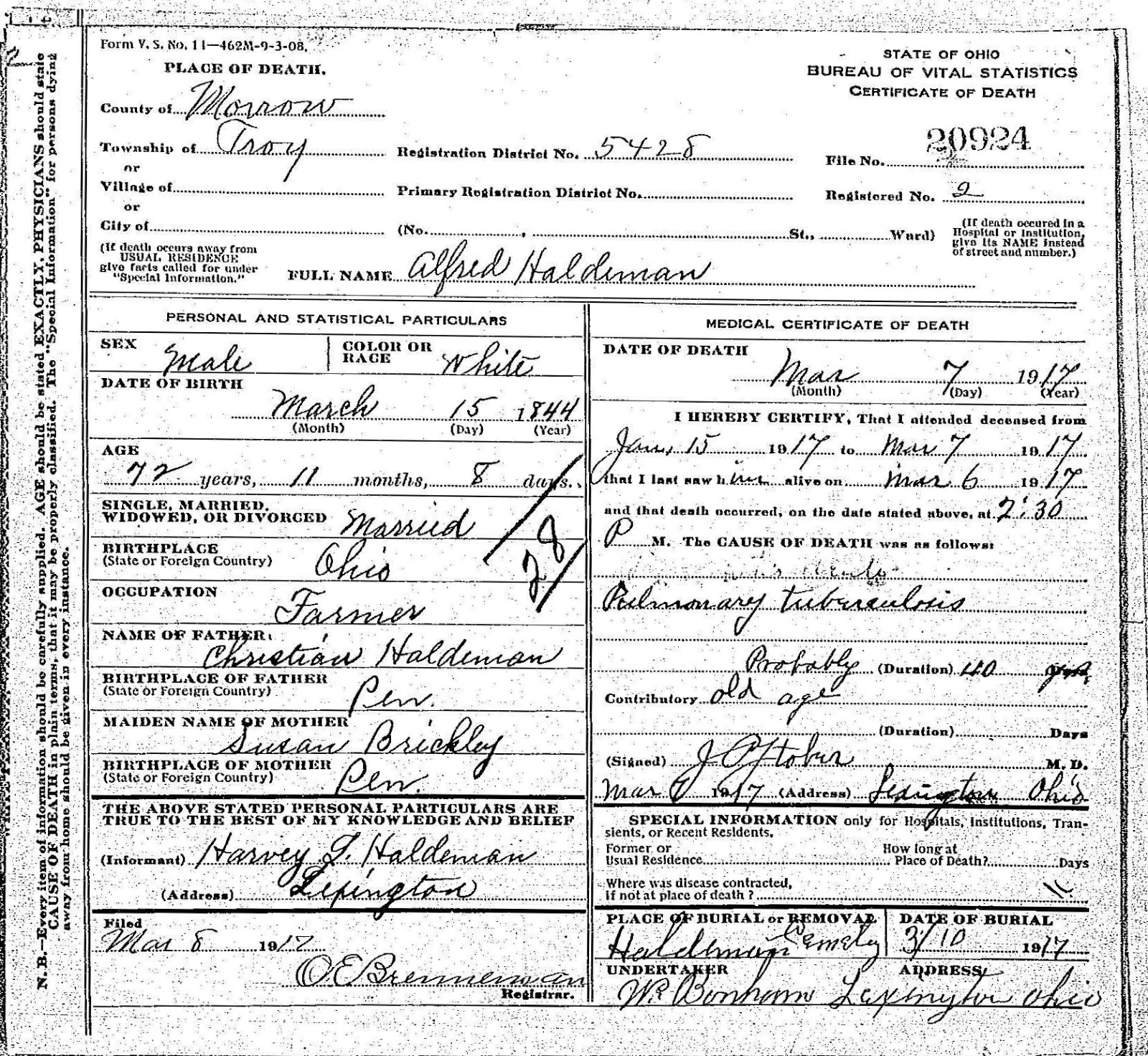 Death Record Alfred Haldeman, 1917, Morrow County, Ohio TJL Genes Preserving Our Family