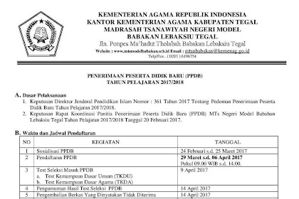 Pendaftaran Peserta Didik Baru MTsN Model Babakan Lebaksiu (MTsN 1 Tegal) Tahun Ajaran 2017/2018