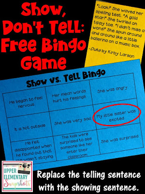 Show Don't Tell Bingo Game... FREE writing minilesson for upper elementary and middle school students!