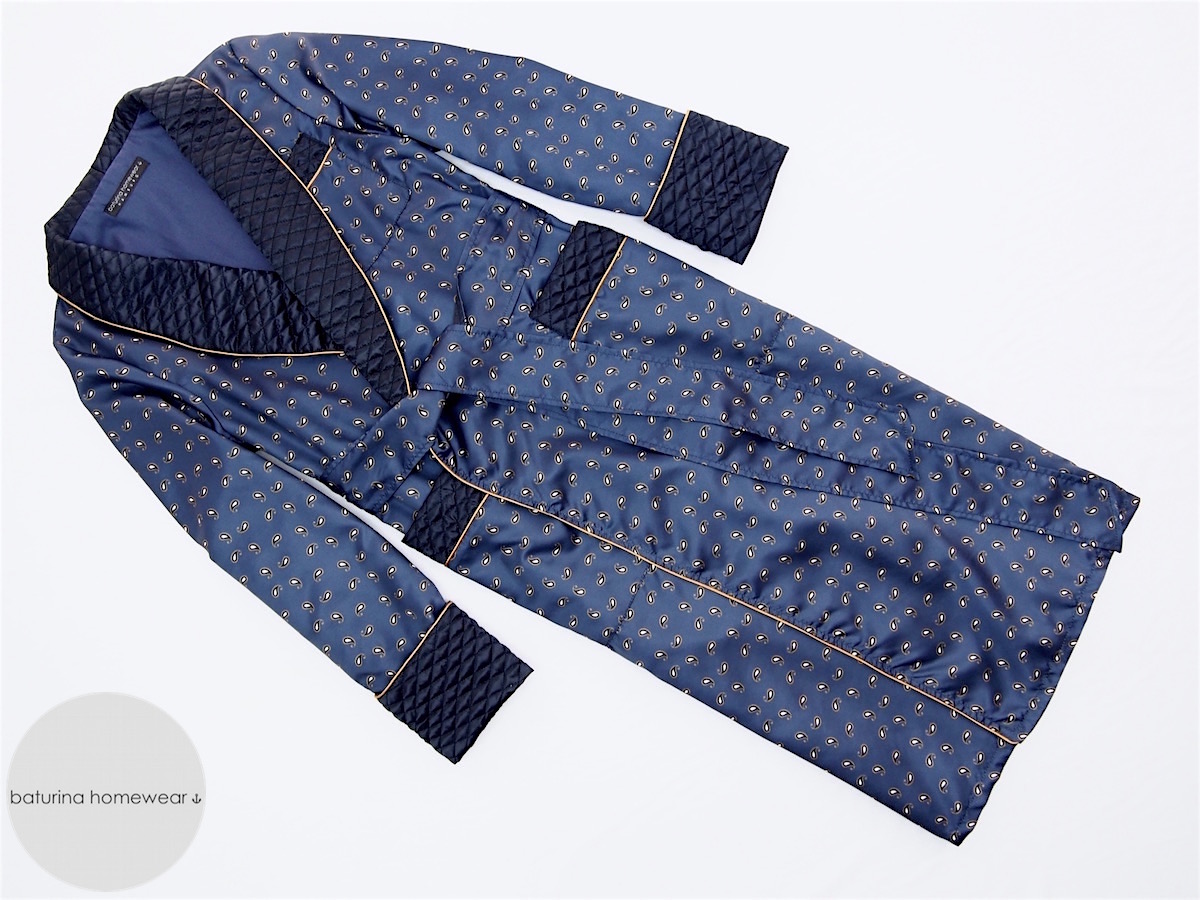 Men's Dark Navy Blue Paisley Silk Dressing Gown