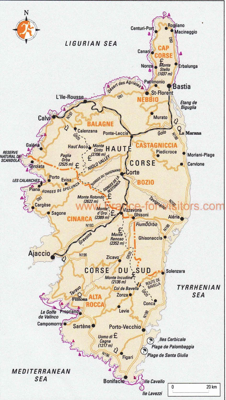 Карта автомобильных и железных дорог Корсики - Корсика, Франция - достопримечательности, путеводитель по Корсике