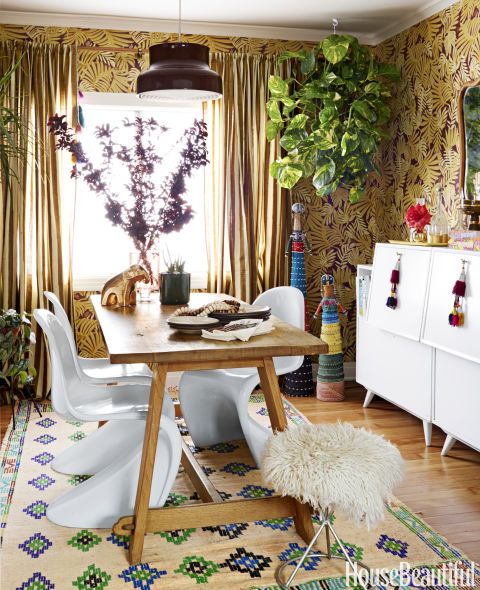 Boho home decor's maximalist maven share renovation - Jungalow dining room BoHoHome.com @bohosusan; Justina Blakeney interview in House Beautiful. Photos by David Tsay