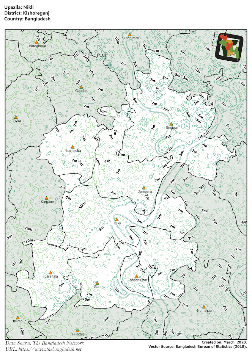 Nikli Upazila Elevation Map Kishoreganj District Bangladesh