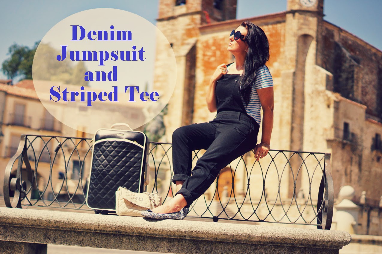 denim+jumpsuit+and+striped+tee