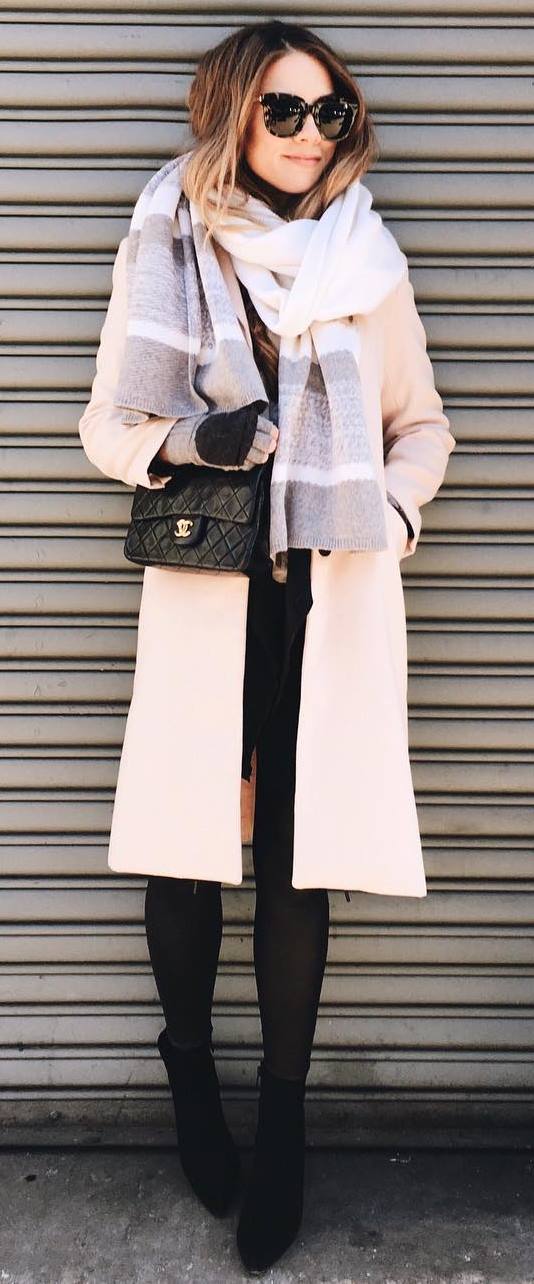 beautiful outfit idea : blush pink coat + bag + jeans + boots + colorful scarf
