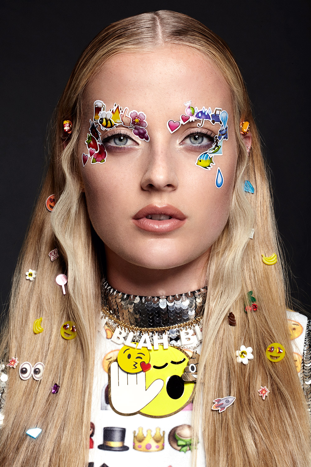 Emoji Girl Emoticon Stickers Beauty Editorial Shoot with Model Emily Steel