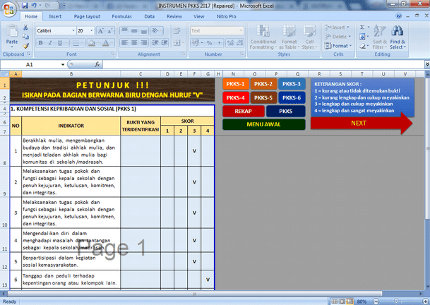 Aplikasi Instrumen PKKS (Penilaian Kinerja Kepala Sekolah) Format Microsoft Excel
