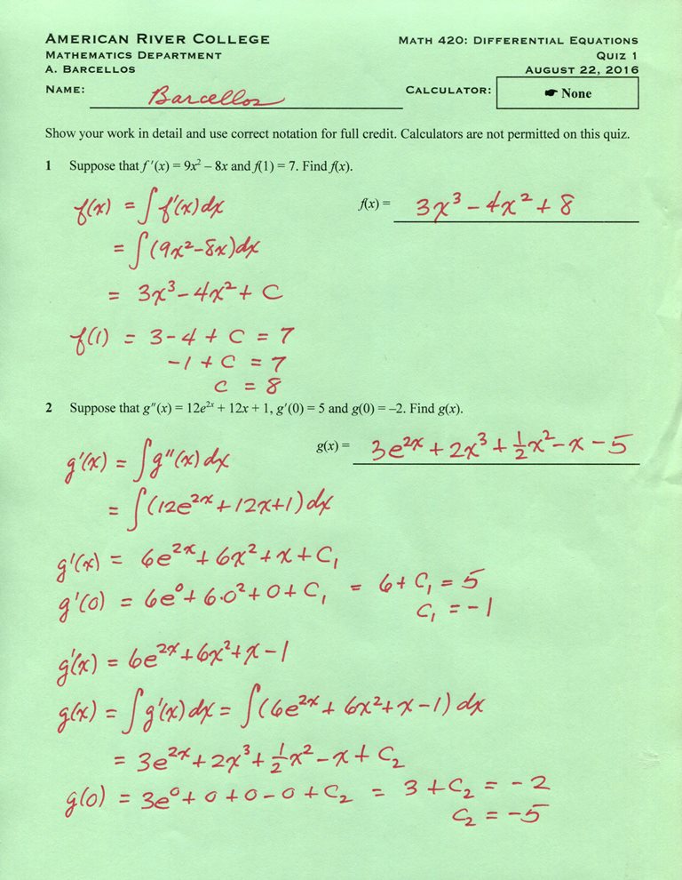 Mr B's Math Blog Math 420 (fall 2016) Quiz solutions I