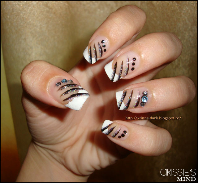 French Nail Art With Stripes and Rhinestones 