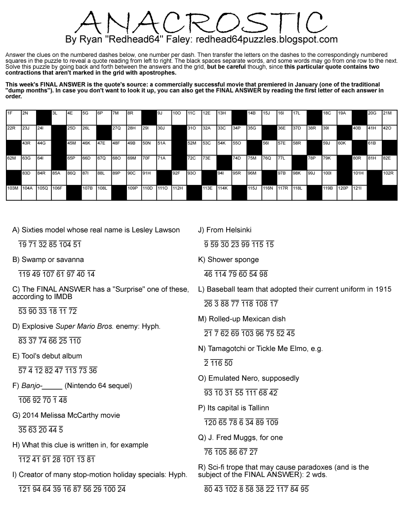Redhead64's Obscure Puzzle Blog! DUMP MONTH! PUZZLE 60 Anacrostic