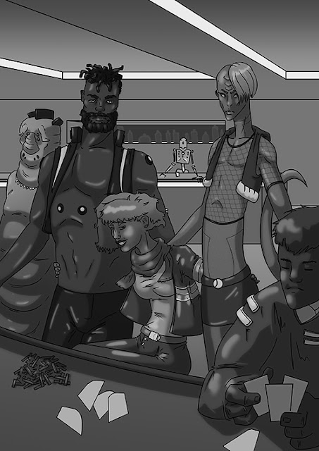 A group of characters with varying body types, races, species, and gender, all looking a little out of place together