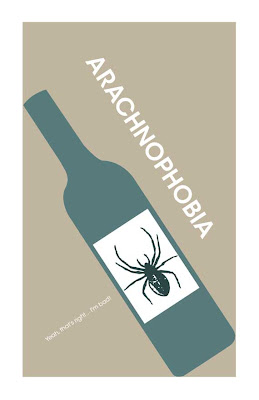 tilted wine bottle with a spider label arachnophobia poster