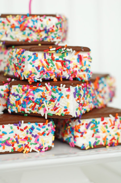 The simplest cake you'll ever make using ice cream sandwiches and rainbow sprinkles.