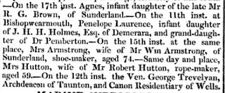 Newspaper cutting stating that Mrs Hutton, wife of Mr Robert Hutton, rope-maker had died aged 59 in Sunderland on the 15th inst