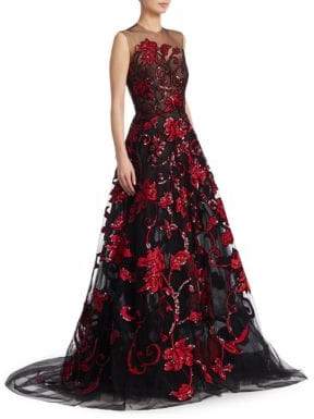 Oscar de la Renta Sleeveless Tulle Sequin Floral Gown