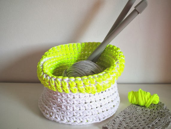 neon yellow crochet baskets - handpainted - looping home
