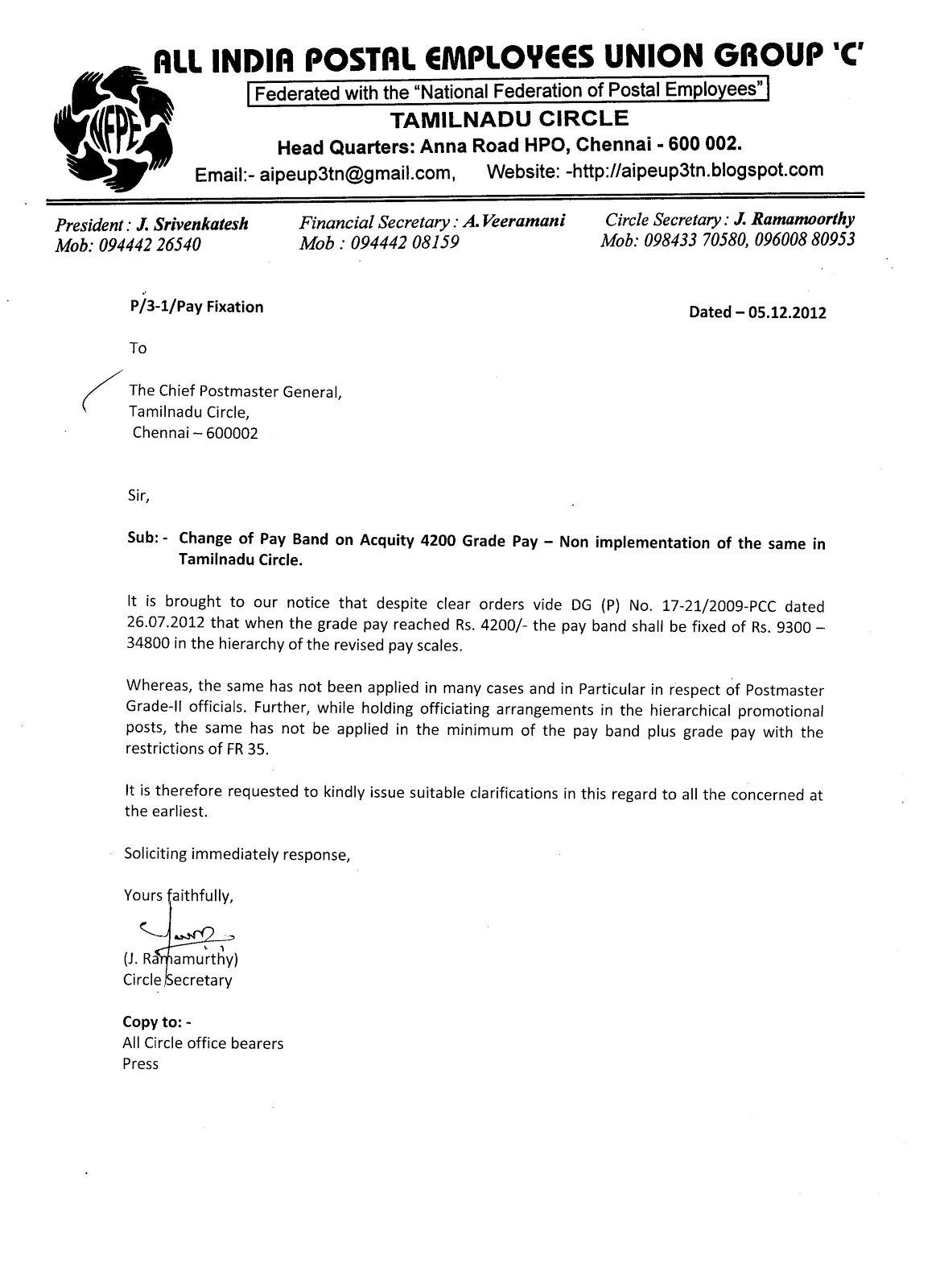 ALL INDIA POSTAL EMPLOYEES UNION GROUP C, TN CIRCLE, CHENNAI 600 002 SOME IMPORTANT LETTERS