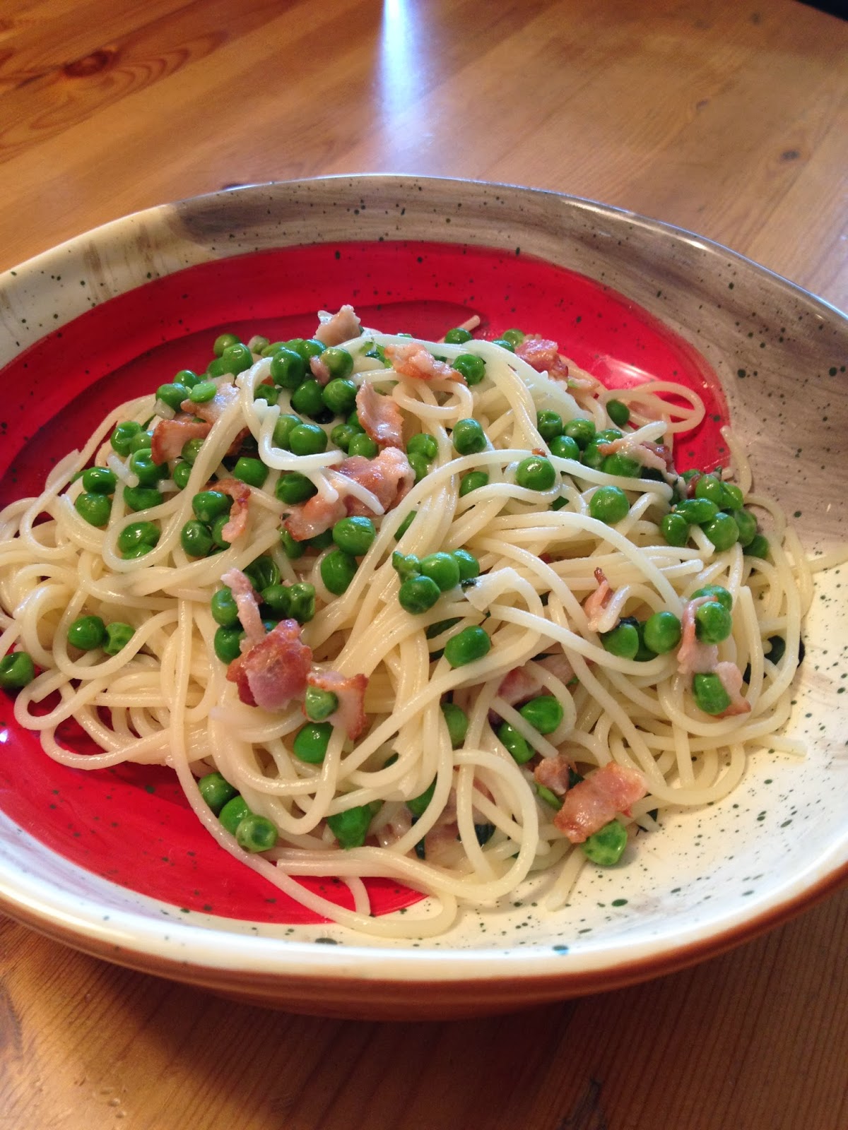 i like to cook Angel Hair Pasta with Peas and Bacon