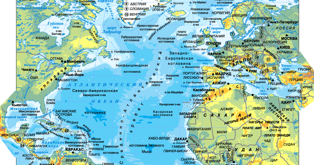 Атлантический океан физическая карта