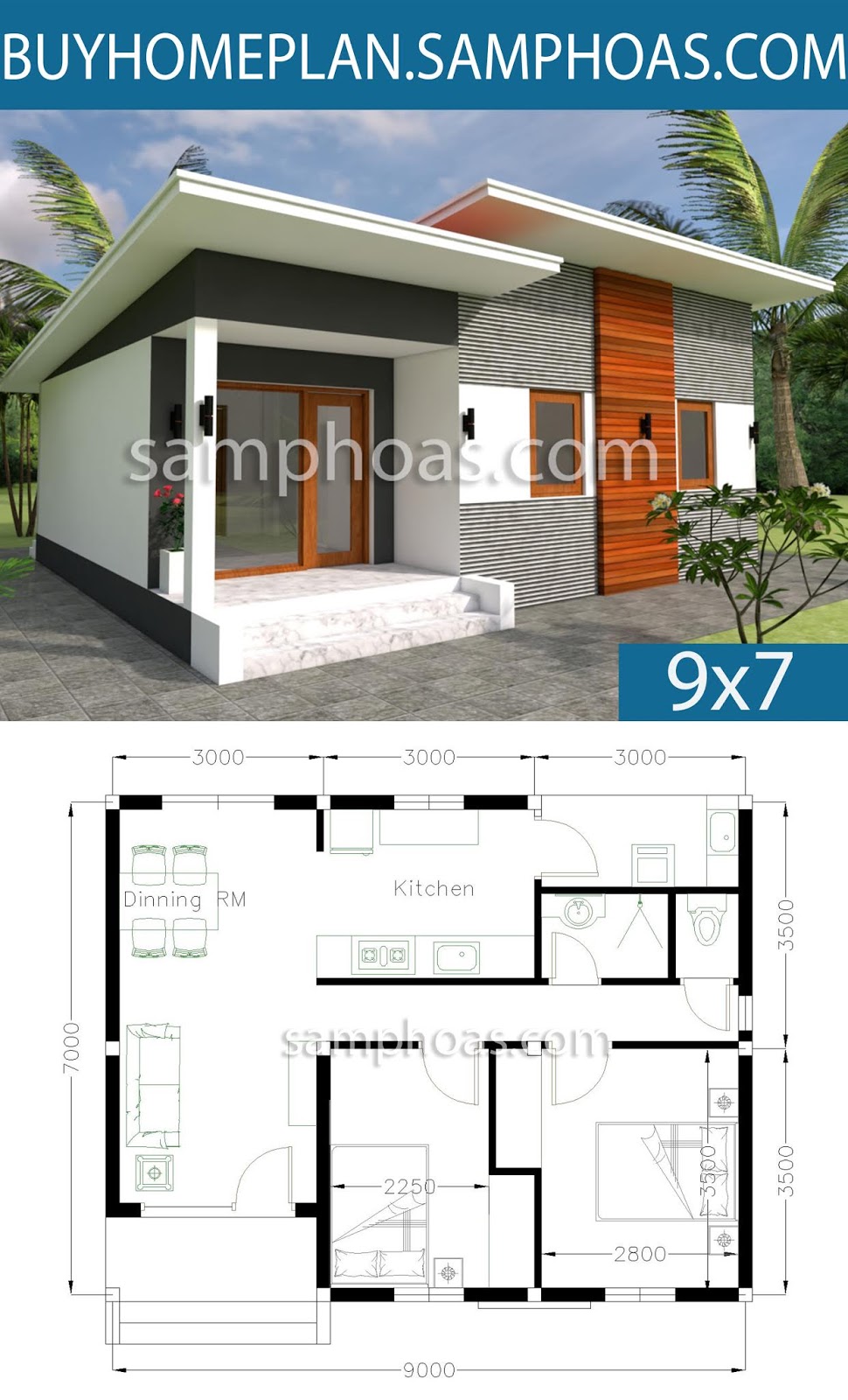 Home Design 9x7m 2 Bedrooms House Plan Map