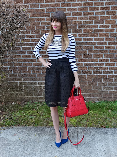 Shinymix.com statement necklace, Gap Tee, Forever21 Skirt, Kate Spade New York Jenny Bag, as featured on House Of Jeffers | www.houseofjeffers.com