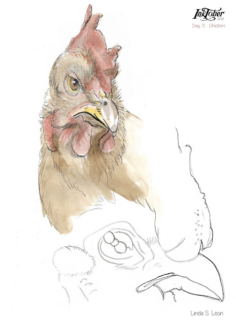 Inktober day 5 - chicken: The weathercock and his chick by Linda S. Leon
