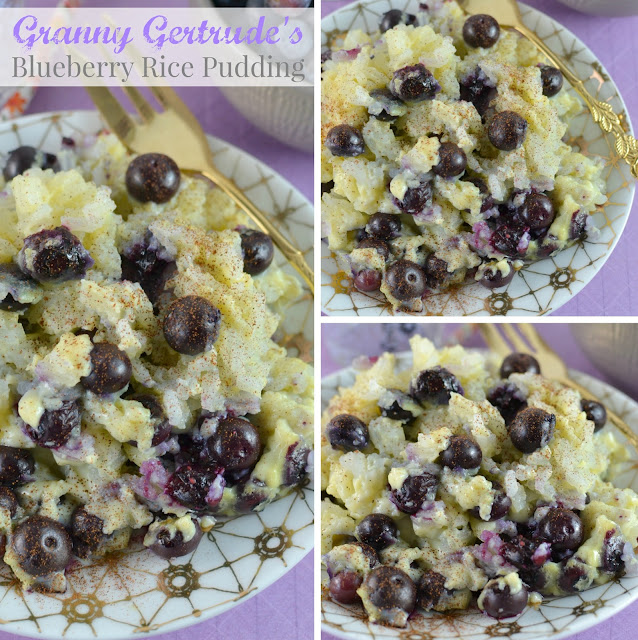 Granny Gertrude's Blueberry Rice Pudding Recipe from Hot Eats and Cool Reads! A delicious old fashioned dessert from my favorite vintage church cookbook that's also great with strawberries, cherries, blackberries or raspberries!