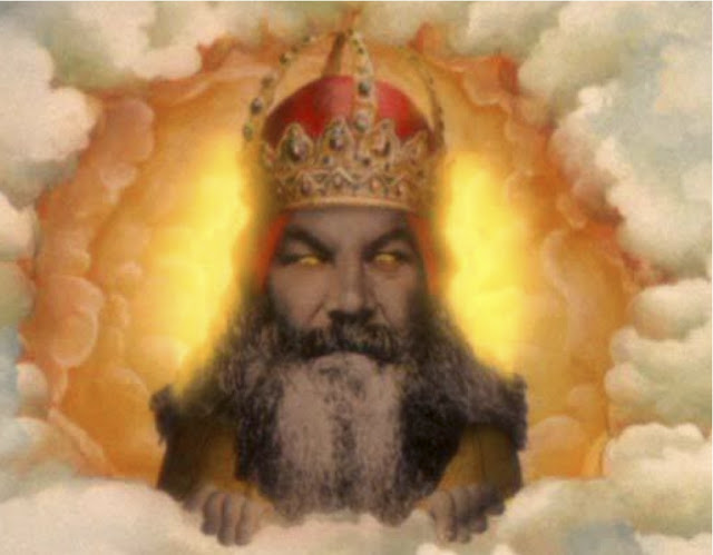 Terry Gilliam's conception of God, purportedly based on cricketer W.G. Grace, from Monty Python and the Holy Grail.