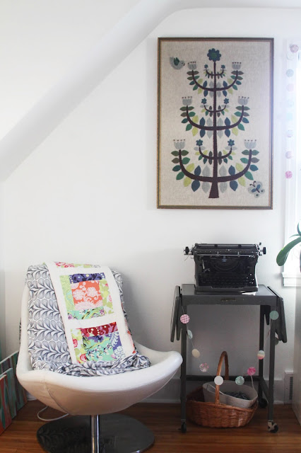 studio, work space, vintage typewriter, vintage embroidery, handmade quilt, Anne Butera, My Giant Strawberry