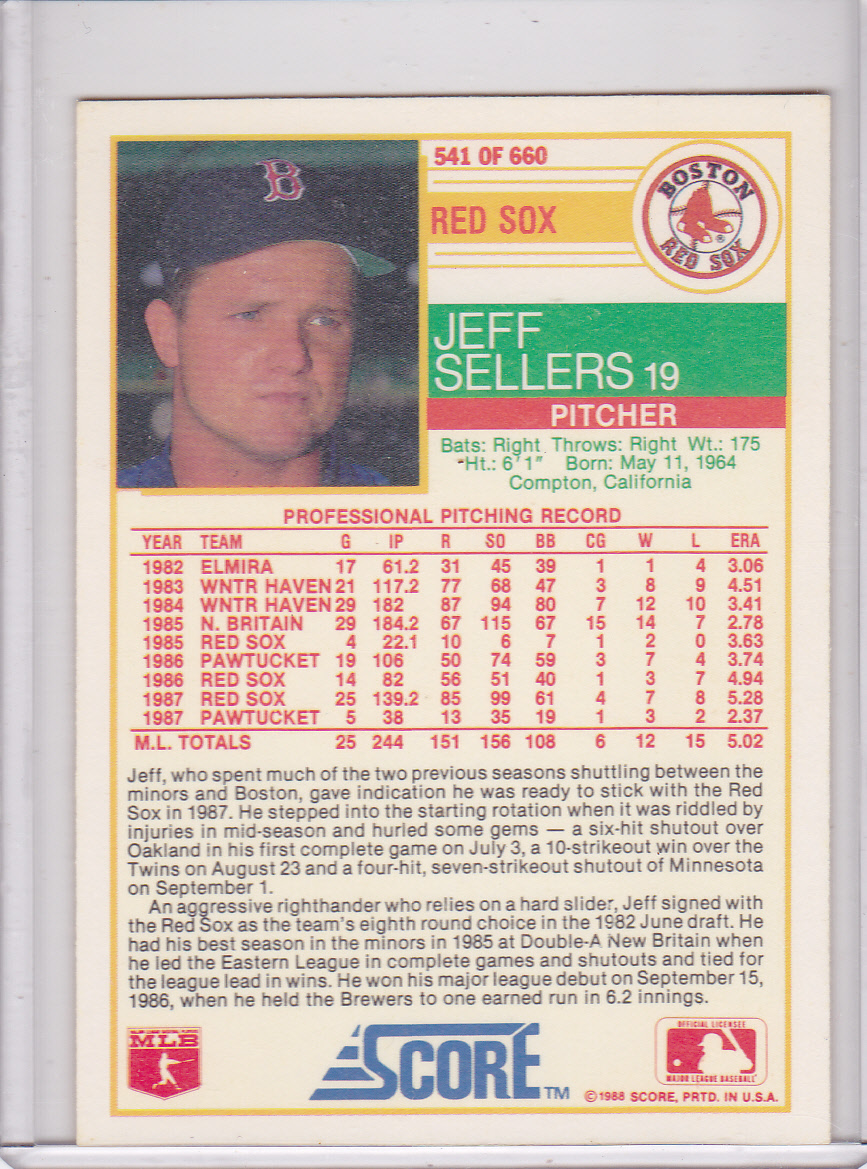 Red Sox Baseball Cards 1988 Score Red Sox Jeff Sellers