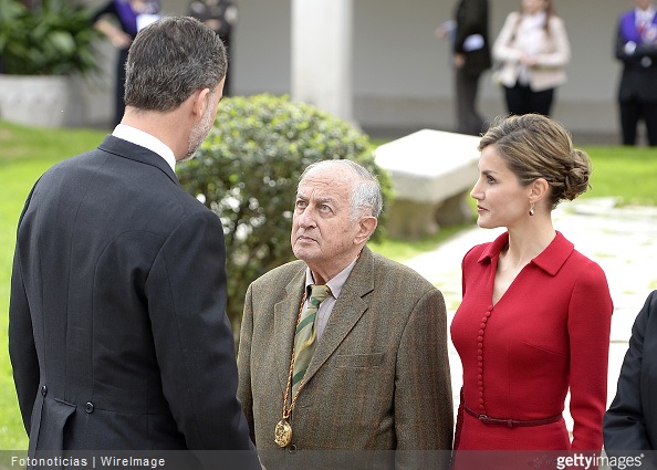 King Felipe VI of Spain, writer Juan Goytisolo and Queen Letizia of Spain attend the Cervantes Award Ceremony at Alcala de Henares University