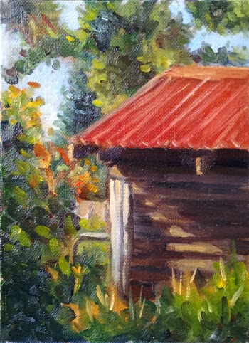 Oil painting of a grey weatherboard shed with a red roof, surrounded by trees and shrubs and illuminated by the afternoon sunlight.