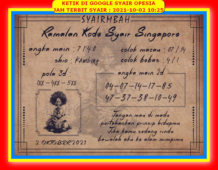 Syair Sgp Hari Ini Sabtu 2 Oktober 2021 Opesia Official