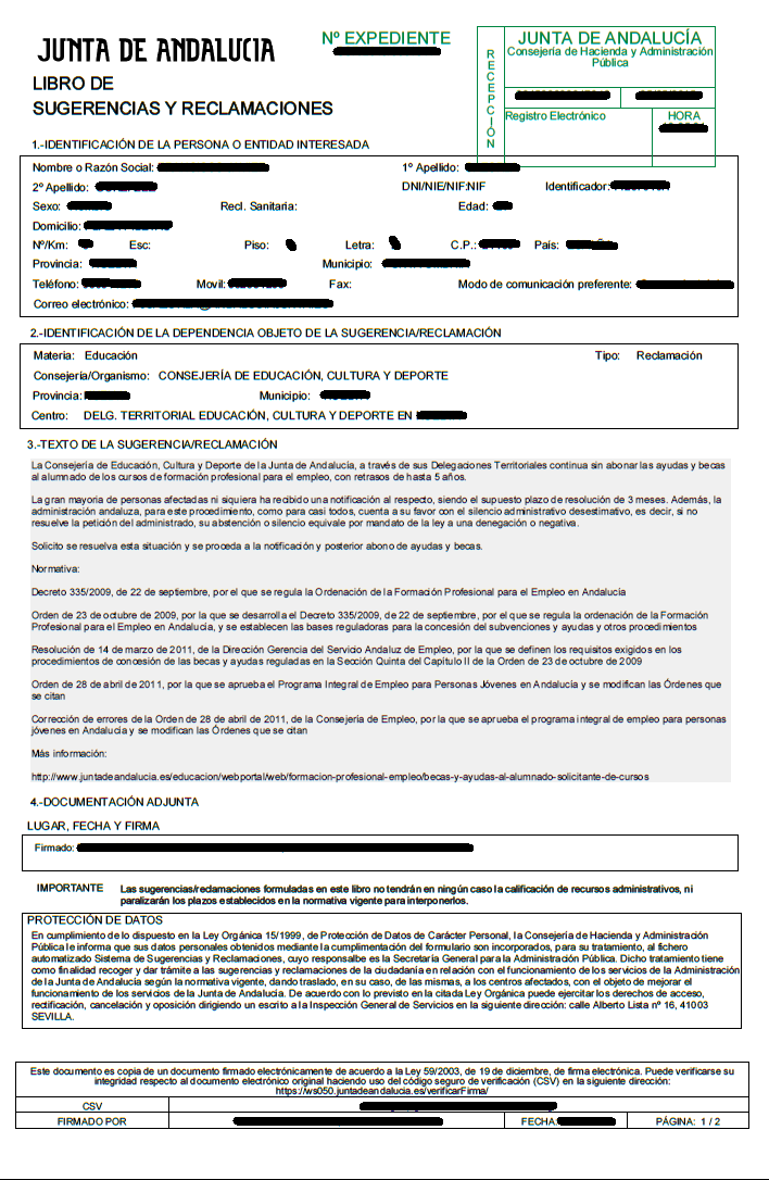 Plataforma Afectados Retrasos Ayudas FPE Andalucía Libro de Sugerencias y Reclamaciones de la