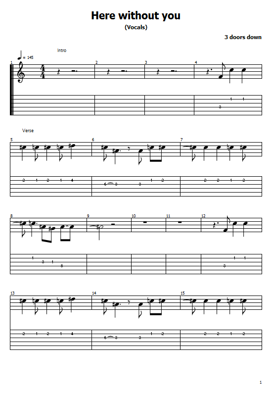Here Without You Tabs By 3 Doors Down Vocal Easy Guitar Chords
