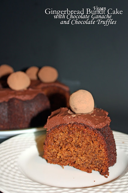 vegan gingerbread bundt cake with chocolate ganache and chocolate truffles
