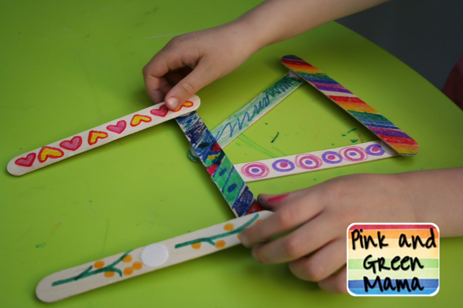 Pink and Green Mama * Embellished Popsicle Sticks and Velcro Sculptures