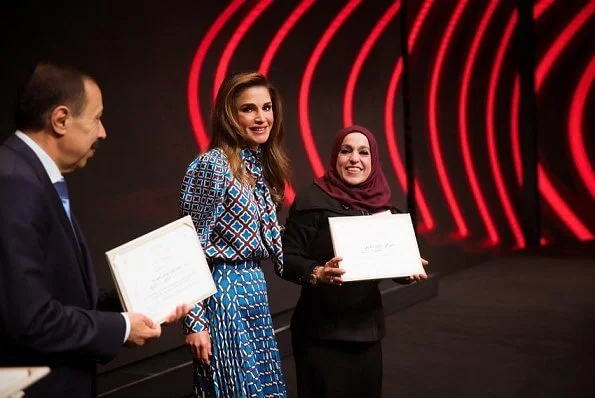 Queen Rania of Jordan wore a new printed satin top and blouse by Zara. 14th Teacher Award and 6th Principal Award