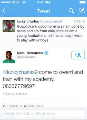 0 How silly! See this convo between an aspiring footballer and Kanu Nwankwo