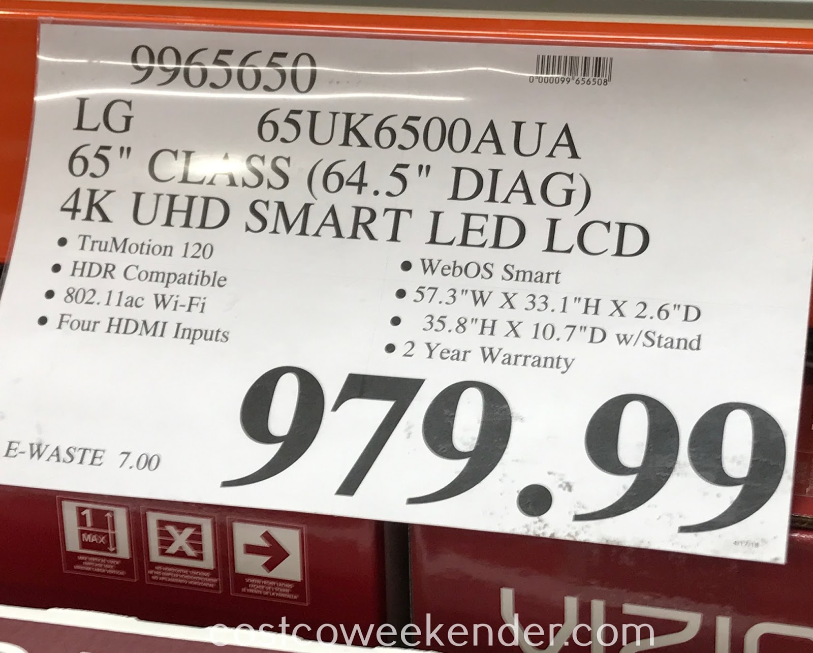 LG 65UK6500AUA 65" 4K HDR Smart UHD TV Costco Weekender