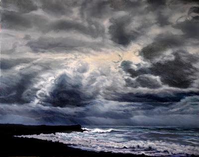original oil painting, dark gray, clouds, waves, surf, beach, ocean, storm, black lava beach, atmospheric, mood