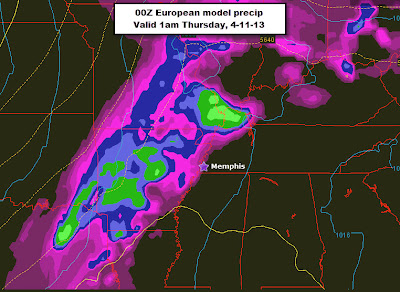 00Z European model output precipitation for Thursday, April 11, 1am CDT