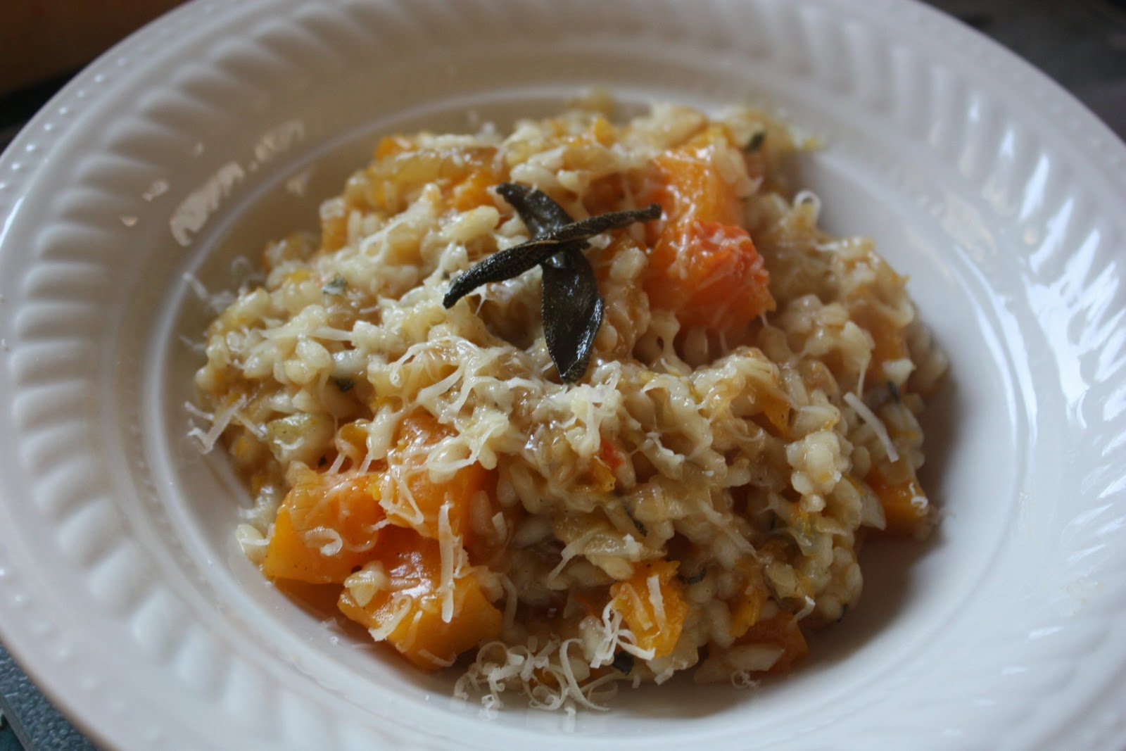 Butternut Squash Risotto with Caramelized Onions and Crispy Sage Leaves