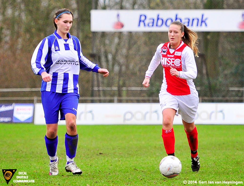Links Manuela Grootenboer en rechts Ramona van der Harst. Komend seizoen spelen deze speelsters in het blauw-wit van RVVH.