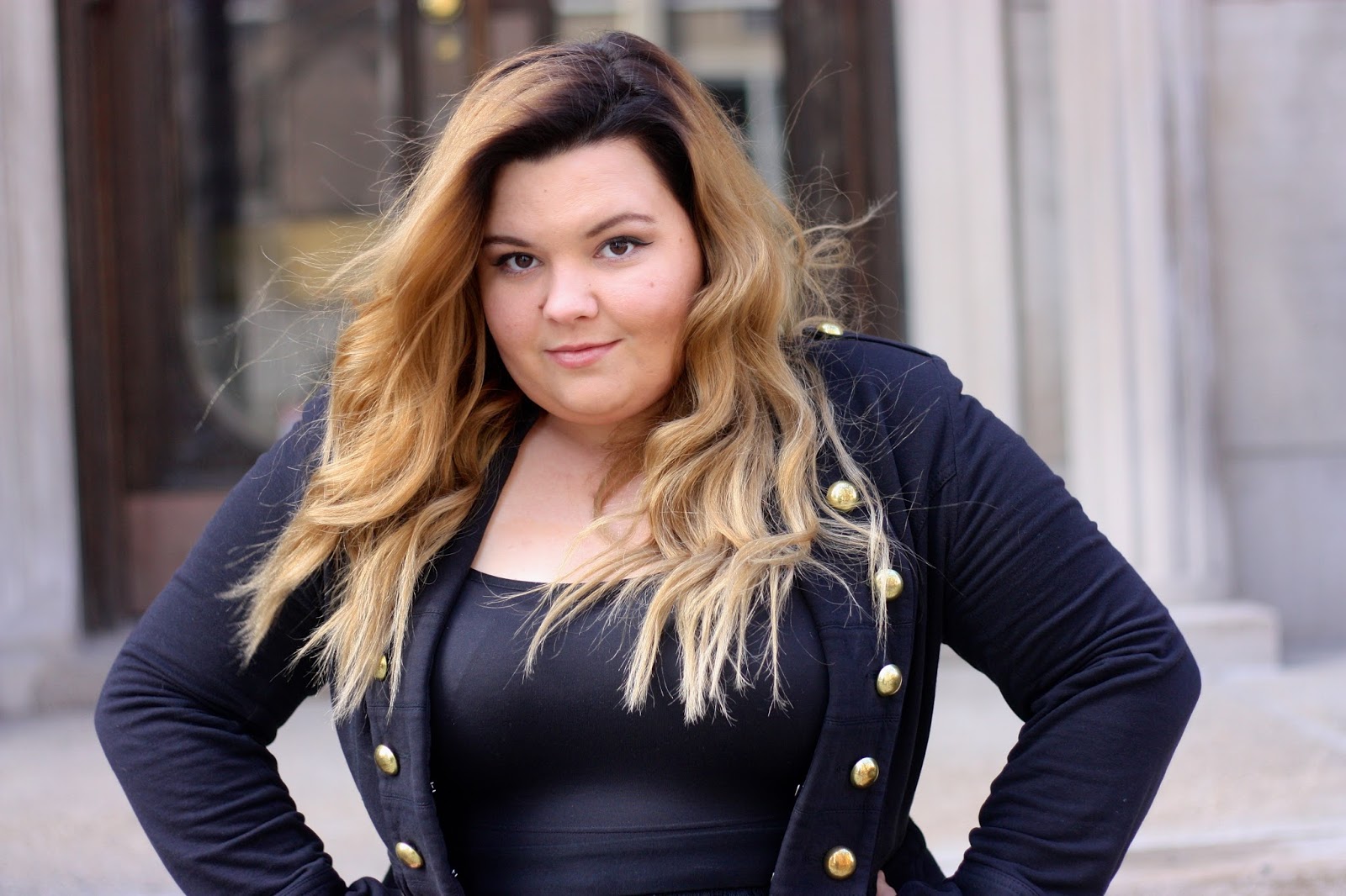 natalie in the city, natalie criag, plus size fashion, plus size fashion blogger, plus size see through maxi skirts, military jackets, gold button jackets, ootd, chicago, forever 21 plus, fashion