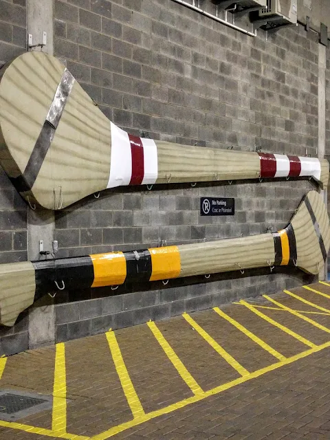 Giant Galway and Kilkenny hurley sticks in the tunnel of Croke Park in Dublin