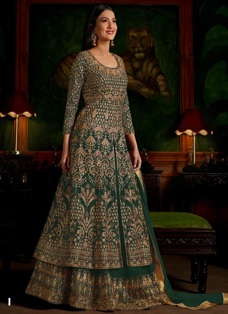 Dark Green Georgette Embroidered Lehenga Style Semi-Stitched Anarkali Suit