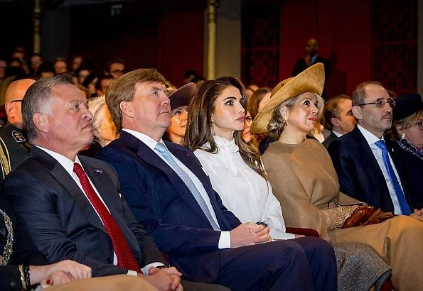 Queen Maxima wore Claes Iversen Serval Elegant Lace Midi Dress Tobacco Brown and Claes Iversen cape coat, Queen Raina wore Claes Iversen coat